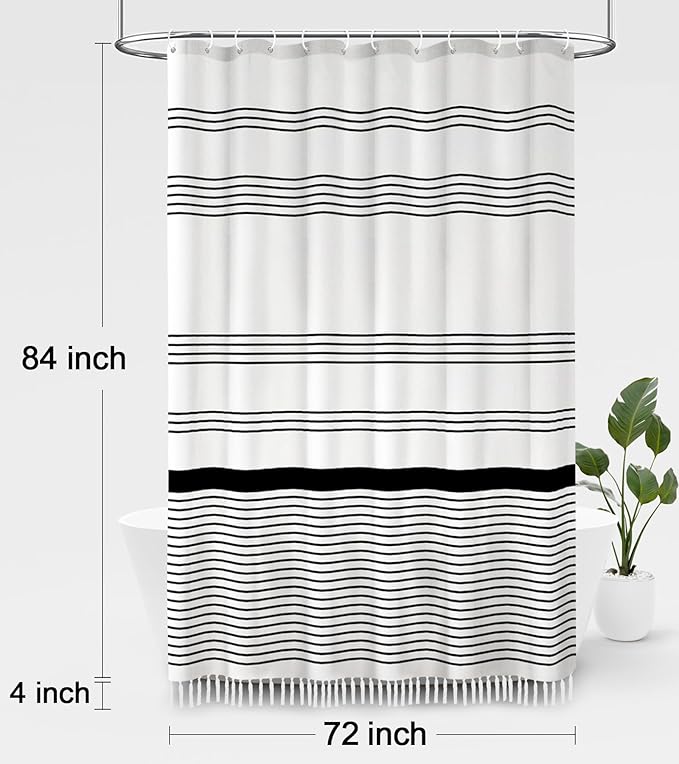 Awellife Black and White Boho Shower Curtain for Bathroom Stripe Tassel Shower Curtain Farmhouse Cotton 84" L x 72" W