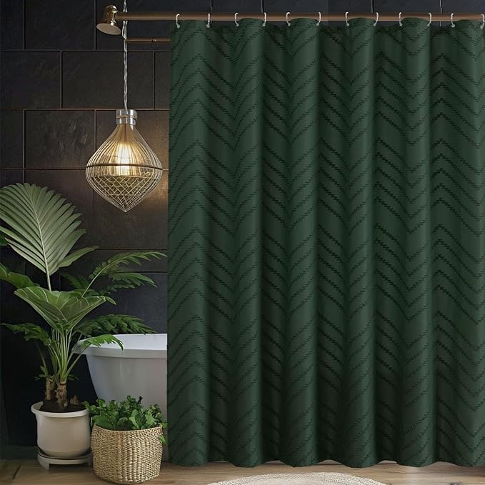 Dark Green Boho Shower Curtain 72 x 72 Inches Woven Fabric Shower Curtain Tufted Chervon Textured Shower Curtains Modern Minimalist Shower Curtains for Bathroom