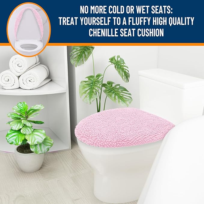 OLANLY Soft Chenille Bathroom Toilet Lid Cover, Machine Washable Seat Covers, 17.5x15, Stays in Place Rubber Backing, Fits Most Round, Elongated and Oblong Lids, Accessories Decor, Pink