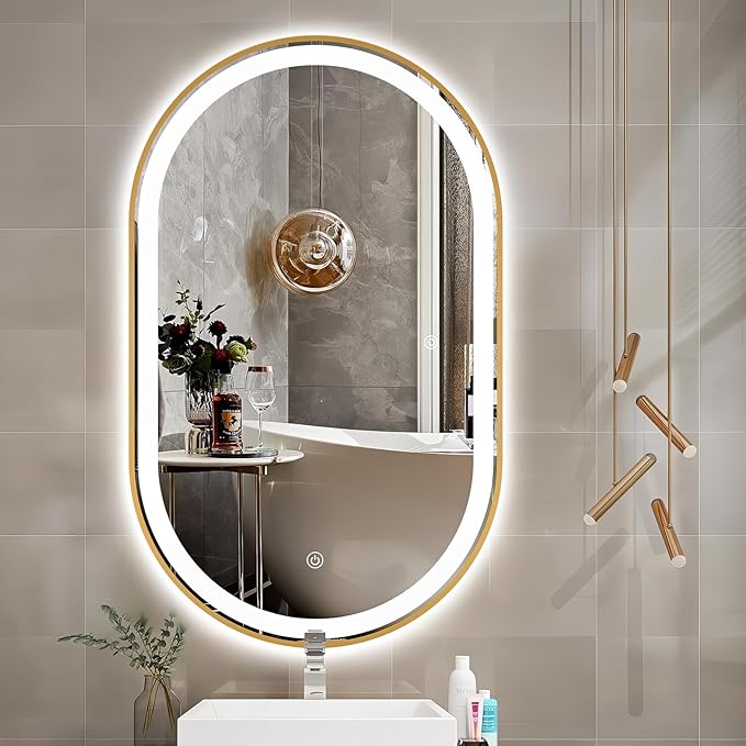 40"x24" Oval LED Bathroom Mirror with Lights, Gold Anti Fog Lighted Vanity Mirror Wall Mounted, Stepless Dimmable LED Oval Mirror, Memory, ShatterProof, Front/Backlit, Horizontal/Vertical
