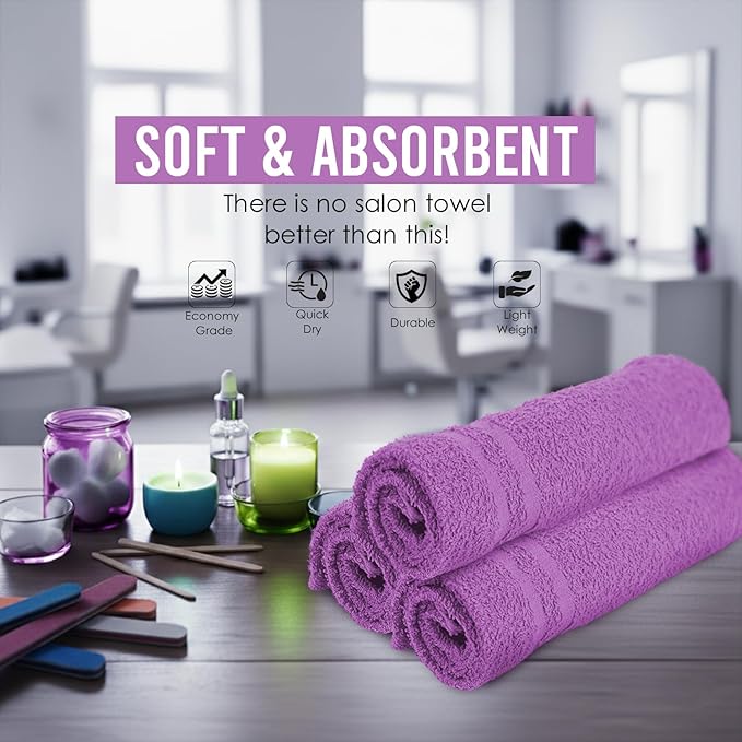 Hand Towels (Pack of 24) Purple Economy Salon Towels - 100% Cotton Spa Towel – 16 x 27 Inches Highly Absorbable, Facial, Gym, Hair Towels Face Towels Bulk (Not Bleach Proof)