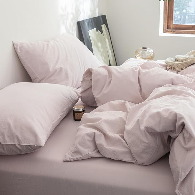 FOSSA Duvet Cover Set 100% Washed Cotton Linen Feel Super Soft Breathable Cozy 3 Pieces Bedding Sets Solid Greyish Pink California King