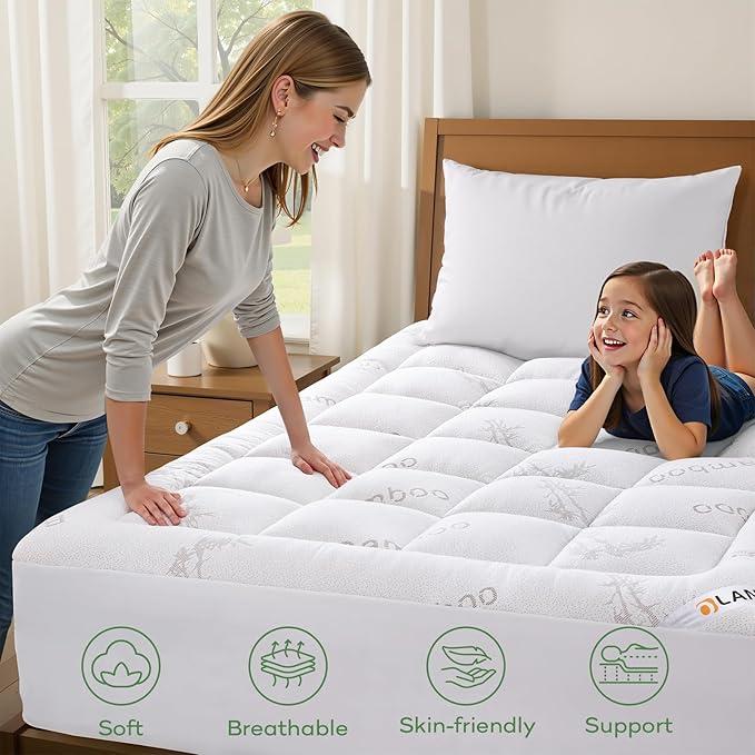 OLANLY King Mattress Topper – Viscose Made from Bamboo, Cooling Soft King Pillow Top Mattress Pad for Back Pain Relief, Plush Down Alternative Fill Bed Topper with Elastic Deep Pocket, White