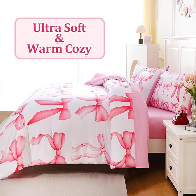 6 Pieces Twin Comforter Sets with Sheets Pink Bed in a Bag for Girls,Bow Comforter Set,Bow Twin Bedding Sets for Kids