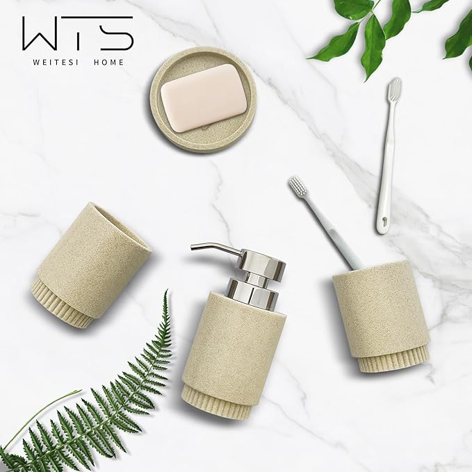 Resin Bathroom Accessories Set, 4 Pcs Modern Bathroom Accessory Set with Liquid Plastic Pump Lotion Soap Dispenser,2 Toothbrush Cup, Soap Dish Countertop Vanity Organizer (Beige)