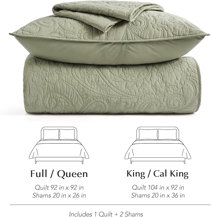 EVERGRACE 100% Cotton Paisley Quilt Set, King Size 3 Piece Set – Prewashed Lightweight Bedspread with 2 Shams, Soft & Breathable Matelasse Coverlet for All-Season Comfort, Light Sage Green