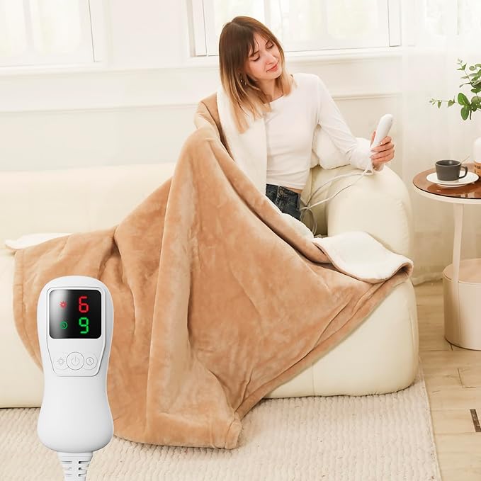 Electric Heated Blanket Throw Size with Foot Pockets & Sleeves, Soft Cozy Flannel Heating Blanket with 9 Heating Levels & 1-9 Hours Auto Off, Fast Heat & Overheat Protection, 50" x 70", Light Brown