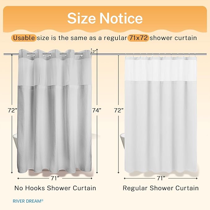 River Dream No Hooks Required Dotted Light Grey Shower Curtain with Snap in Liner - 71" W x 74" H,Hotel Grade,Spa Like Bath Curtain