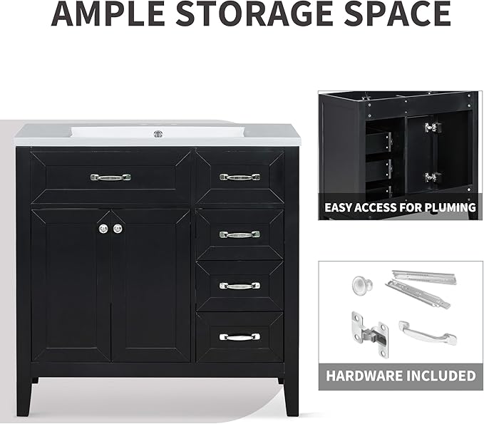 Favfurish 36" Bathroom Vanity with Sink Combo,Bathroom Vanity Cabinet with Two Soft-Closing Doors and Four Drawers,Free Stading Vanities w/Modern Design,for Bathroom,Easy Assembly,Black