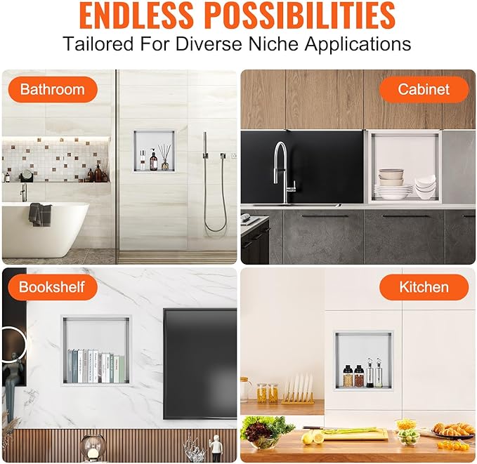 VEVOR Shower Niche No Tile Needed, Stainless Steel Niche for Shower Wall, Sealed Waterproof Rust-Resistant Bathroom Niche for Storage, 13x13'' Single Shelf
