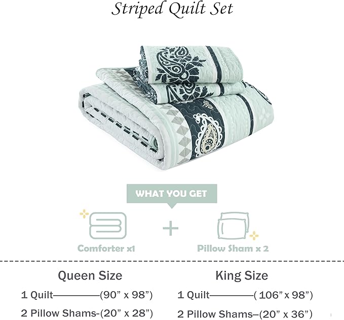 Green Queen Comforter Set, Cotton Quilt, Green Bedding Comforter Sets, Striped Pattern Queen Bedspread, Lightweight Reversible Coverlet All Season