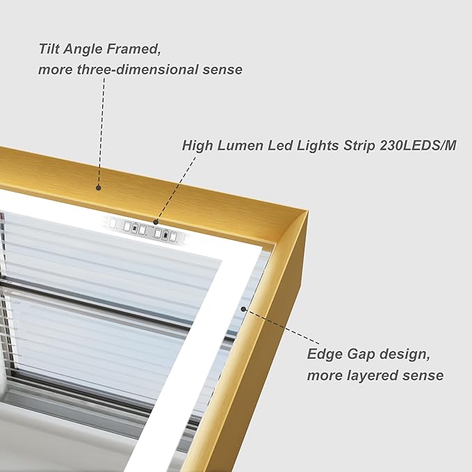 30x30 Inch Gold LED Bathroom Mirror, 3 Color Temperatures (3000K/4500K/6000K), Anti-Fog, Dimmable Lights, Memory Function, Horizontal/Vertical Wall Mounted