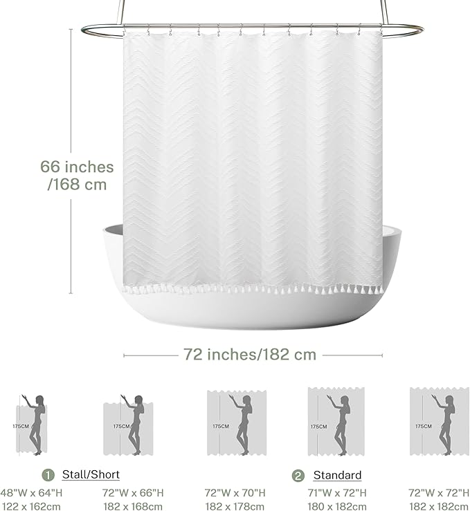 Boho Shower Curtain White Tassel Woven Fabric Short Shower Curtain 72 x 66 Modern Farmhouse Textured Tufted Chevron Striped Minimalist Bathroom Shower Curtains
