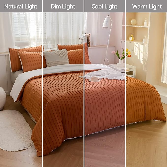 JELLYMONI Duvet Cover King Size Rust and White - 3PCS Boho Striped Duvet Cover Set Polyester Tufted Bohemian Textured Comforter Cover with Corner Ties & Zipper Closure