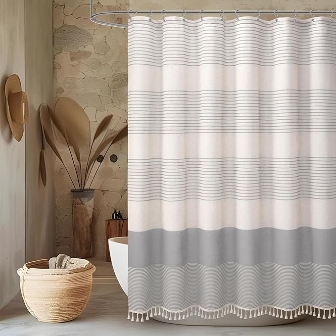 Awellife Farmhouse Grey Shower Curtain for Bathroom Linen Texture Stripe Tassel Shower Curtain 48 X 72 Inches Neutral