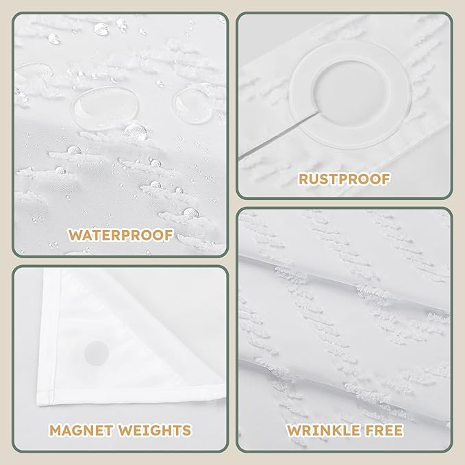 No Hook Shower Curtain and Snap in Liner Set White Tufted Chevron Striped Cloth Waterproof Washable Fabric Boho Bath Curtain with See Through Mesh Top Window for Bathroom Hotel 71" x 74"