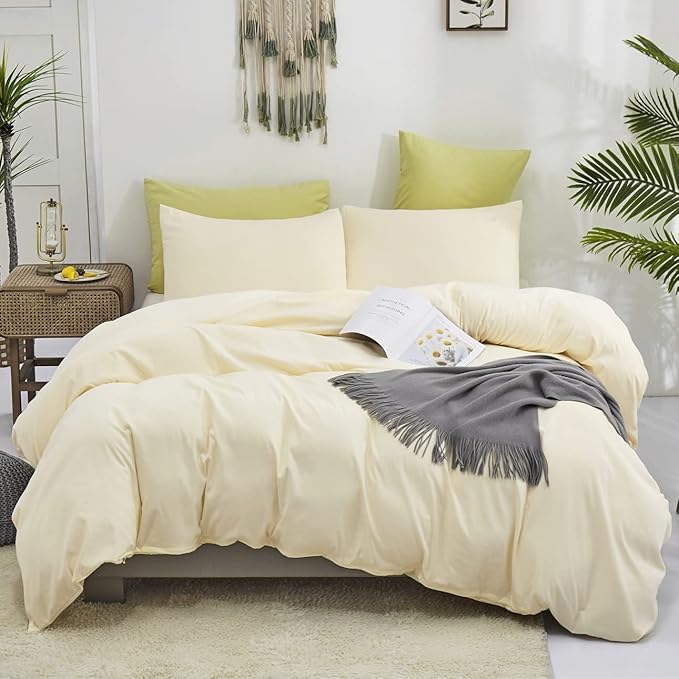 KAREVER Light Yellow Comforter Set Queen Off White Bedding Set Men Beige Breathable Ivory Bedding Set Women Soft Off White Queen Ivory Bedding Comforter Set Queen