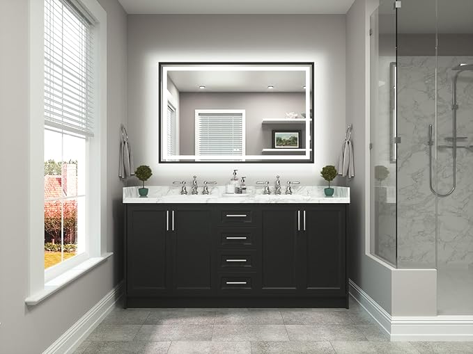 TETOTE 55 x 36 Bathroom LED Mirror Brushed Black Metal Frame Frontlit & Backlit Vanity Mirror Stepless Dimmable Anti-Fog 3 Colors White/Warm/Natural Light up Vanity Wall-Mounted