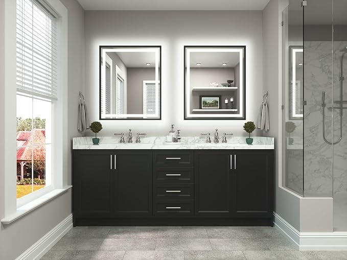 TETOTE Led Bathroom Mirror 30 x 36 with Brushed Black Frame Anti-Fog Frontlit & Backlit Vanity Mirror Stepless Dimmable Lighted Mirrors for Bathroom Wall 3 Colors White/Warm/Natural Wall-Mounted