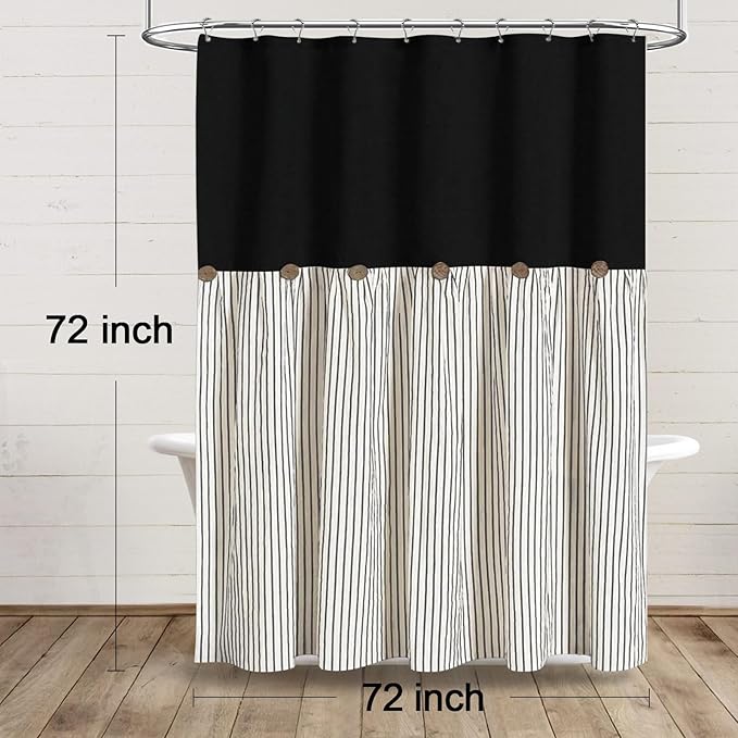 Farmhouse Shower Curtain Linen Blcak Button Woven Fabric Country Rustic Western, Pleated Black Stripe 72" W x 72" L