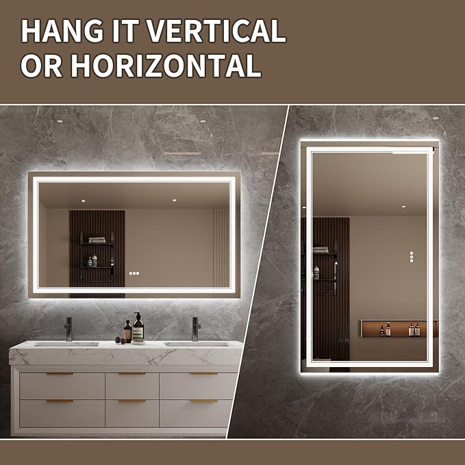 Bathroom Mirror with Lights 36"X60" with Front Light and Backlit, Tempered Glass, Wall Mount Horizontal/Vertical, Stepless Dimmable, 3 Colors, Anti Fog, Bathroom Memory LED Mirror