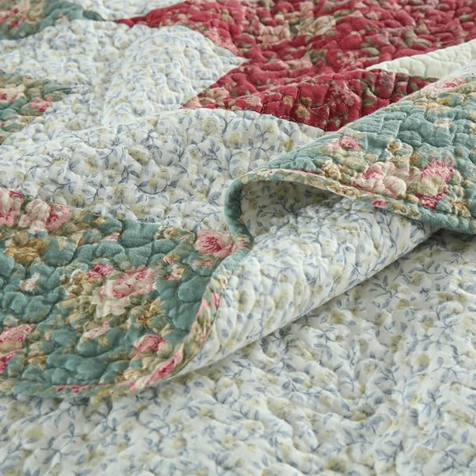 Cotton Bedspread Quilt Bedding Sets, 3 Pieces Reversible Coverlets Comforters Star with Red Floral Real Patchwork Bedspread,Queen Size