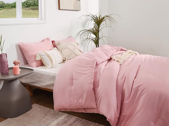 ROSGONIA Pink Comforter Set Queen,3pcs (1 Boho Pink Comforter & 2 Pillowcases) All Season Bedding Comforters Lightweight Bedspread Blanket Quilt