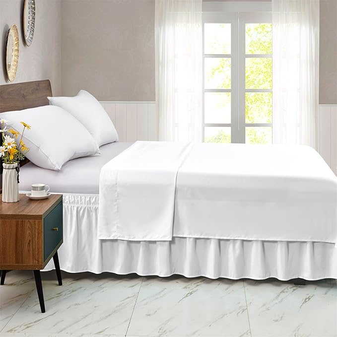 FreshCulture Twin Bed Skirt, Elastic Wrap Around Bed Skirt Twin Bed, Easy Fit with 15-Inch Tailored Drop, Hotel Quality Bed Skirts for Adjustable Bed (White)
