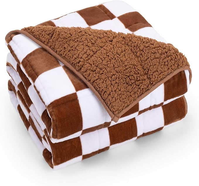 Checkerboard Weighted Blanket Queen Size 15 lbs for Adults, Fluffy Sherpa Luxurious Flannel Heavy Weighted Blankets for Bed Couch Sofa, Ultra Soft Cozy Bed Blanket, Plaid Khaki, 60" x 80"