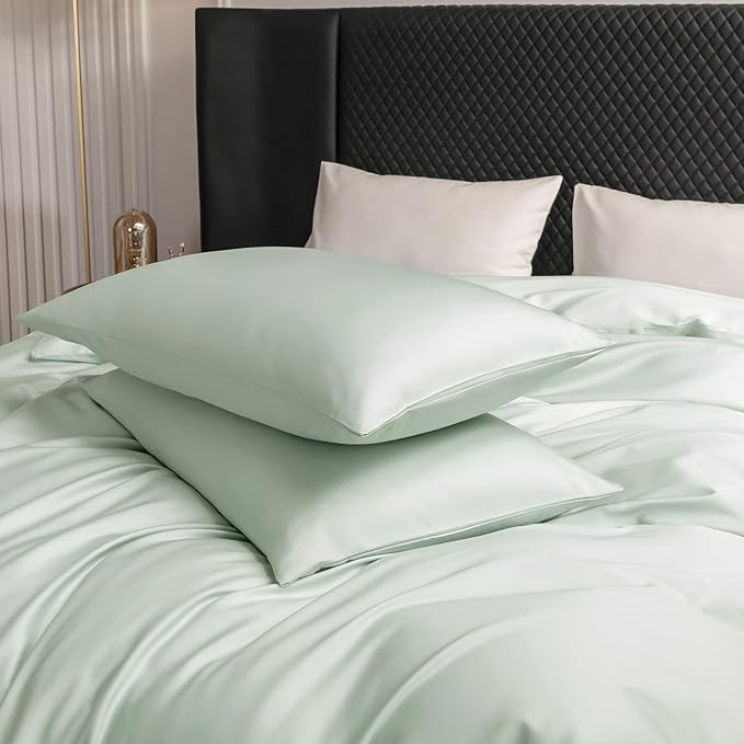 MooMee Duvet Cover Set 100% Extra Long Staple Cotton 600 Thread Count Silky Sateen Smooth Luxury Soft Breathable Durable Hotel Quality Bedding, 3 Pieces (Sage Green, King 104"x90")