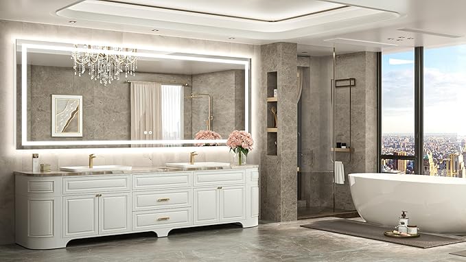 TETOTE 84 x 40 LED Lighted Bathroom Mirror with Lights Wall Mounted, Brighter Front and Backlit Led Vanity Mirror, 3-Color Dimmable Light up Anti Fog Mirror, Waterproof, Shatterproof Tempered Glass
