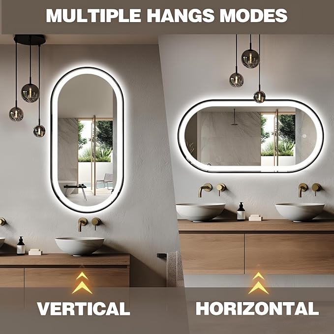 51" x 27" Oval LED Bathroom Mirror with Lights, Black Metal Framed Anti-Fog LED Vanity Mirror, Lighted Bathroom Mirrors Wall Mounted, Stepless Dimmable, Shatter-Proof, Horizontal/Vertical