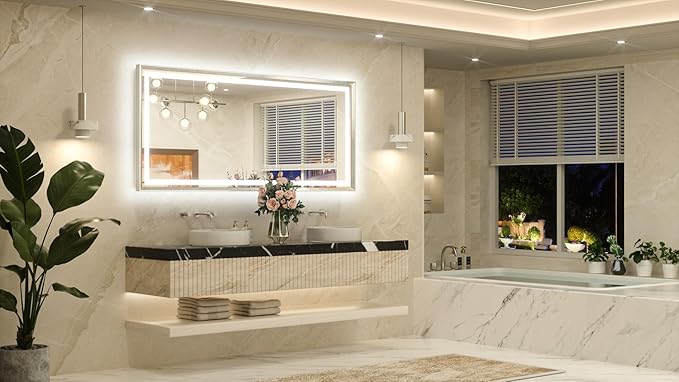 TETOTE 72 x 32 Large Bathroom Mirror Brushed Bright Nickel Metal Frame Frontlit & Backlit Vanity Mirror 3 Colors White/Warm/Natural Stepless Dimmable Anti-Fog Bathroom Mirrors for Vanity Wall-Mounted