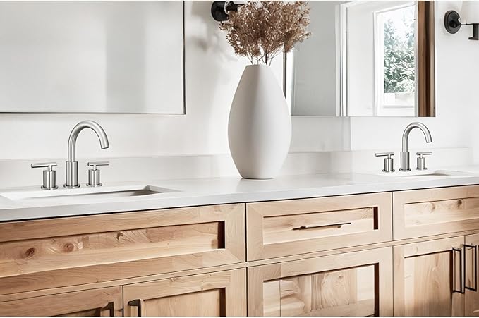 8 Inch Widespread Bathroom Faucet 3 Hole with Pop-up Drain, 2 Handle Bathroom Sink Faucet, Modern Vanity Faucet for Bathroom Sink with 360° Swivel Spout(Brushed Nickel)