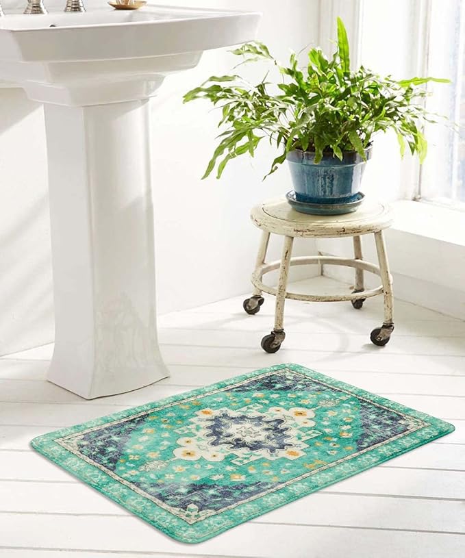 Uphome Boho Retro Bathroom Rugs Green Non-Slip Soft Bath Mat Machine Washable Oriental Small Bath Rug Traditional Tribal Floral Bath Mats for Sink Shower Tub Door Mat, 18x25 inch