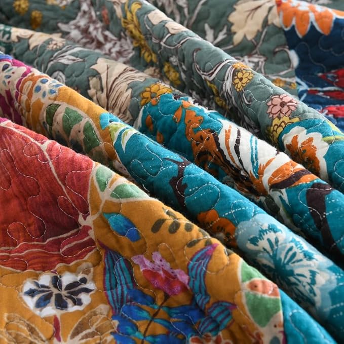 Autumn Dream Cotton Bedspread Quilt Sets Reversible Bedding Coverlet Sets Comforter, Vintage Floral Patchwork Turquoise Bedspread, King Size