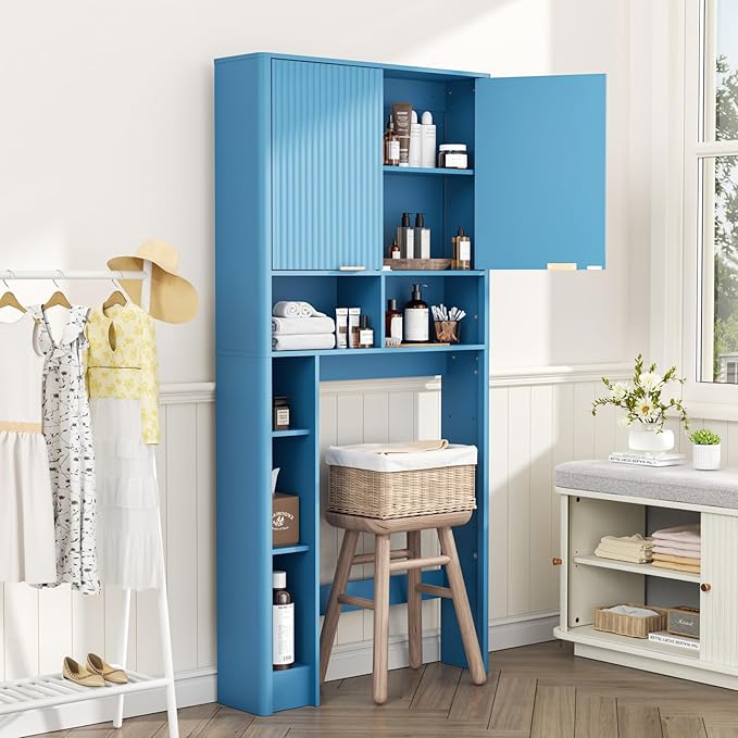 31" W Over The Toilet Storage Cabinet with Fluted Door, Blue Bathroom Organizer with Adjustable Shelf, Toilet Paper Holder Stand Wave Door for Restroom, Laundry Room