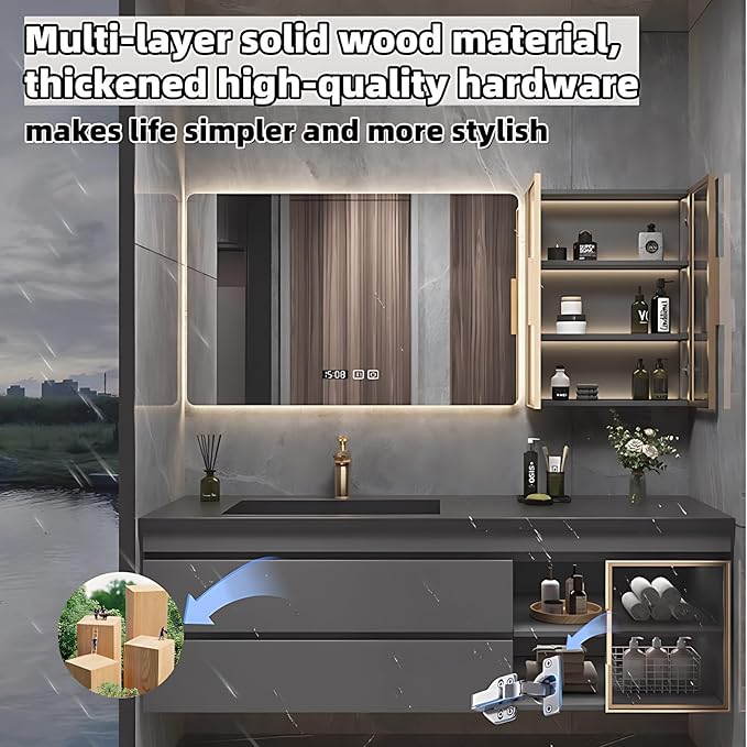 Bathroom Vanity with Sink - Luxury Bathroom Vanities, Floating Vanity with Smart Defogging Mirror, Multi-Layer Solid Wood Material - Complete Accessories (56")