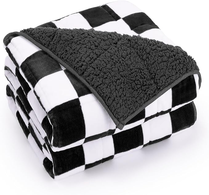 Weighted Blanket for Adults, 10lbs Sherpa Flannel Weighted Blanket Full Size, Soft Fluffy Fleece Checkerboard Weighted Blankets for Calming and Relax, Plaid Black, 48" x 72"