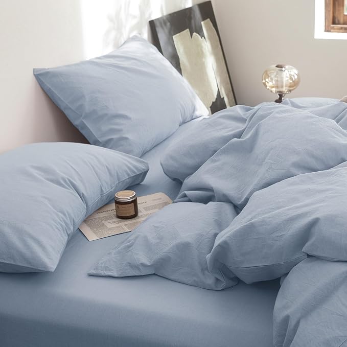 FOSSA Duvet Cover Set 100% Washed Cotton Linen Feel Super Soft Breathable Cozy 3 Pieces Bedding Sets Solid Cornflower Blue Super King