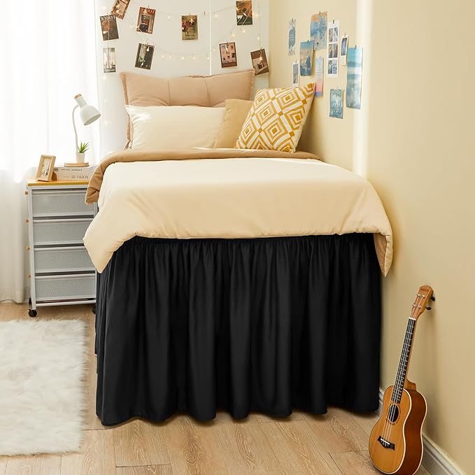 RIMELA Black Bed Skirt Twin 32 Inch Drop Silky Luxurious Fabric, Wrinkle and Fade Resistant with Adjustable Elastic Belt Easy to Install Machine Washable Dust Ruffles Bedskirt for Matress Box Spring