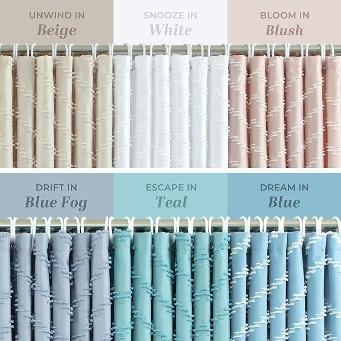 Light Blue Boho Fabric Shower Curtain Tufted Chevron Striped Textured Cloth Curtains for Bathroom, Fog Blue