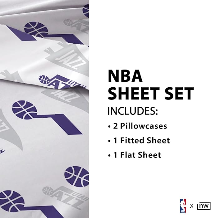 Northwest Officially Licensed Utah Jazz NBA Queen Size Sheet Set – Soft Team Logo Bedding for Dorms, Bedrooms, Fan Caves & Game Day Style