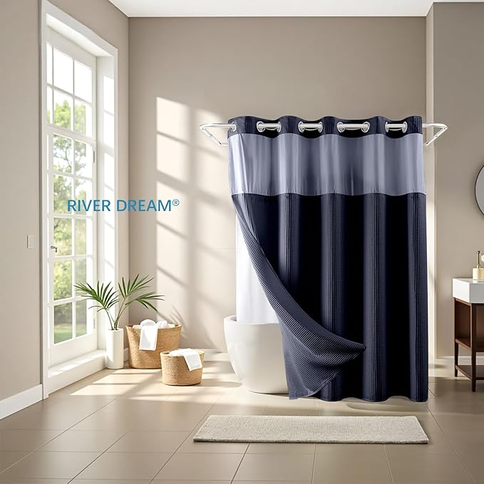 River Dream Navy Blue Fabric Shower Curtain Set, Cotton Blend, Waffle Weave, with Snap in Replacement Liner,71 x 74 inches