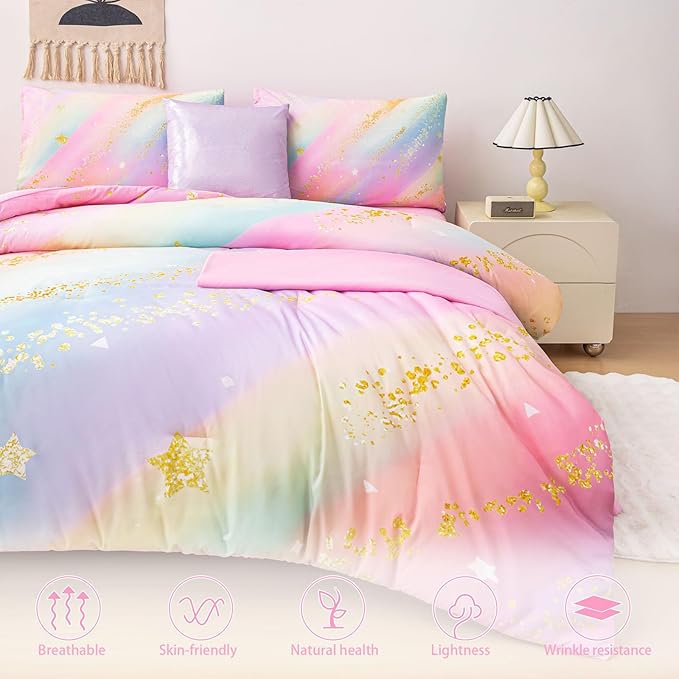 Rainbow Bedding Set Full Size โ 6-Piece Reversible Girls Comforter with Deep-Pocket Sheet, Gradient Galaxy Design, Whole-Piece Filling, Machine Washable Bed-in-a-Bag for Kids Room Makeover & Gifts