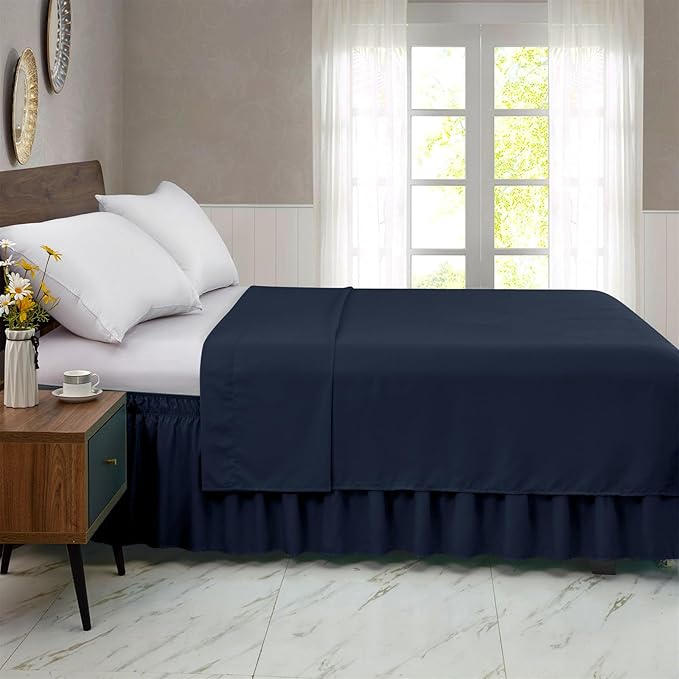 FreshCulture Queen Bed Skirt, Elastic Wrap Around Bed Skirt Queen Size, Bed Skirts for Adjustable Bed, Easy Fit with 15-Inch Tailored Drop, Hotel Quality Dust Ruffle for Queen Bed (Navy Blue)