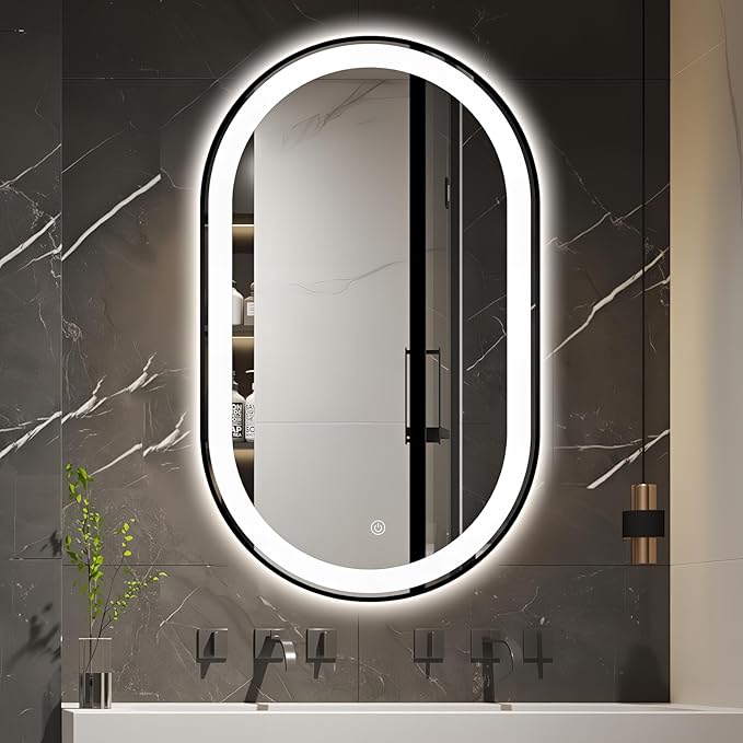 Oval LED Bathroom Mirror, 40"x24" Lighted Wall Mounted Vanity Mirror with Metal Frame, Anti-Fog IP66 Waterproof Smart Mirror, Memory Function, (Horizontal or Vertical), Black