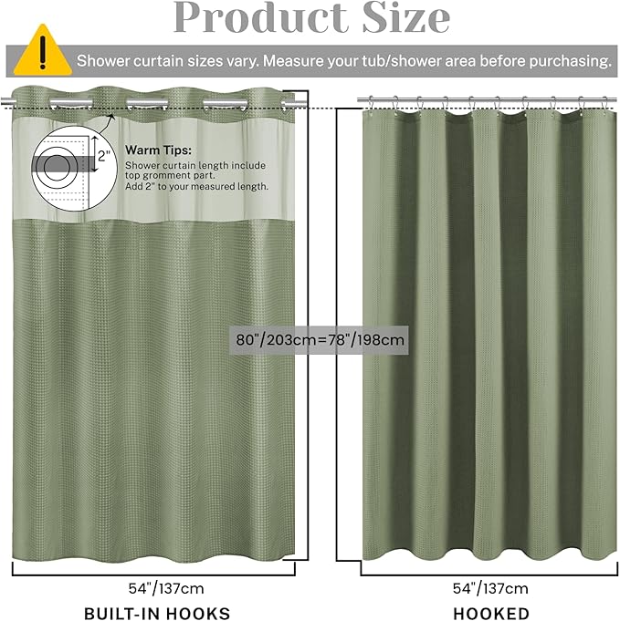 No Hook Shower Curtain with Snap in Liner Set Waffle Shower Curtain for Bathroom Hotel Style Fabric Waterproof Inner Liner,54" W x 80" H, Green
