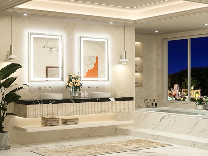 TETOTE 28 x 36 Bathroom LED Mirror Brushed Bright Nickel Metal Frame Frontlit & Backlit Vanity Mirror Anti-Fog Stepless Dimmable 3 Colors White/Warm/Natural Mirror with Lights Wall-Mounted