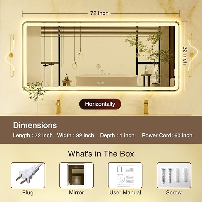 72x32 Inch Led Mirror for Bathroom with Front Light and Backlit, Large Wall Mounted Bathroom Mirror with 3 Colors, Dimmable, Anti-Fog Vanity Mirror with Lights